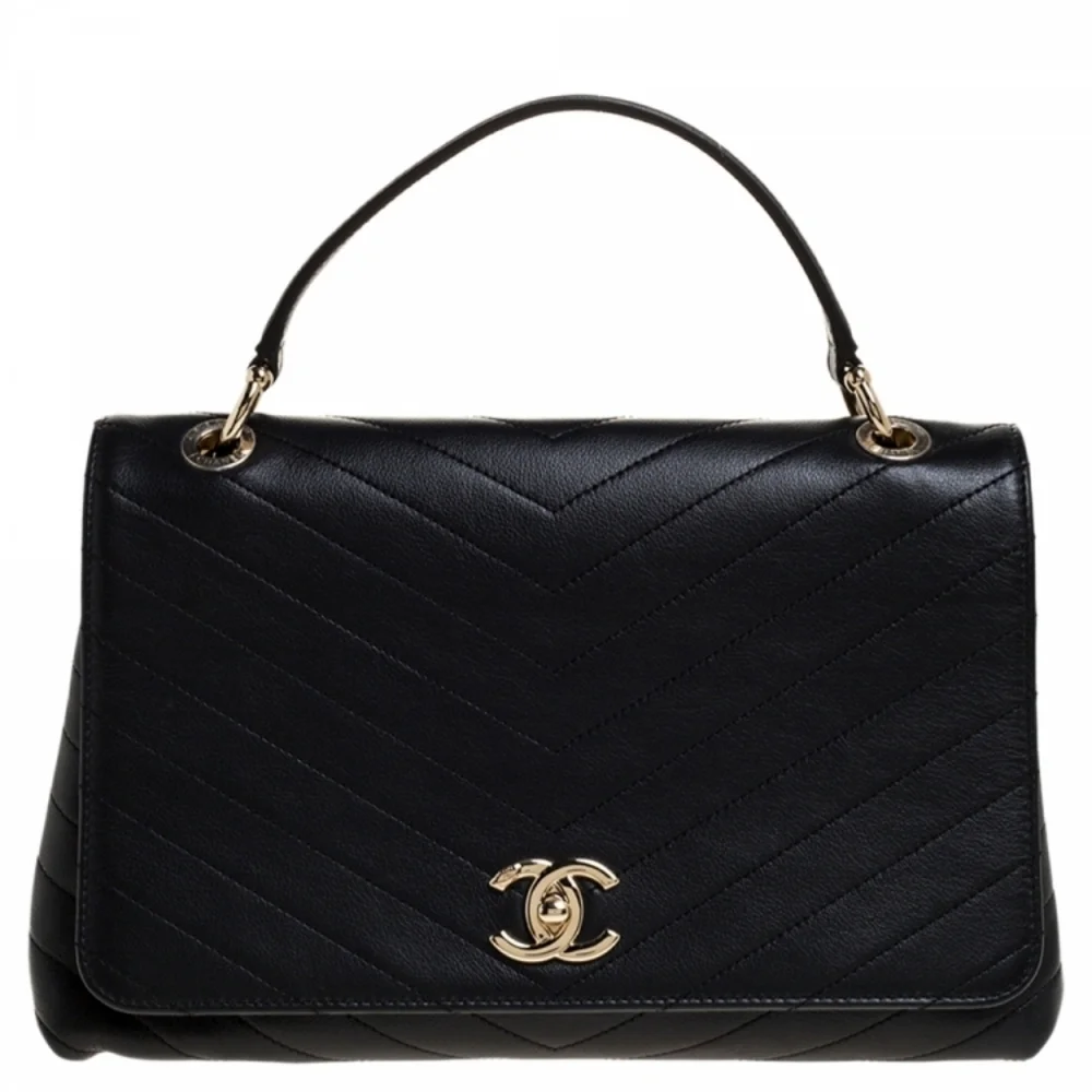 RARE! Authentic! Chanel CC Coco Top Handle Calfskin Quilted Chevron Leather Flap - Picture 2 of 15